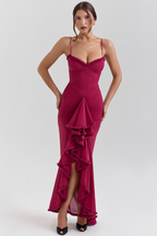 Elegant Lace Ruched Dress | Women's Cocktail Dress with Ruffle Detailing | Flattering Fit for Weddings and Formal Events