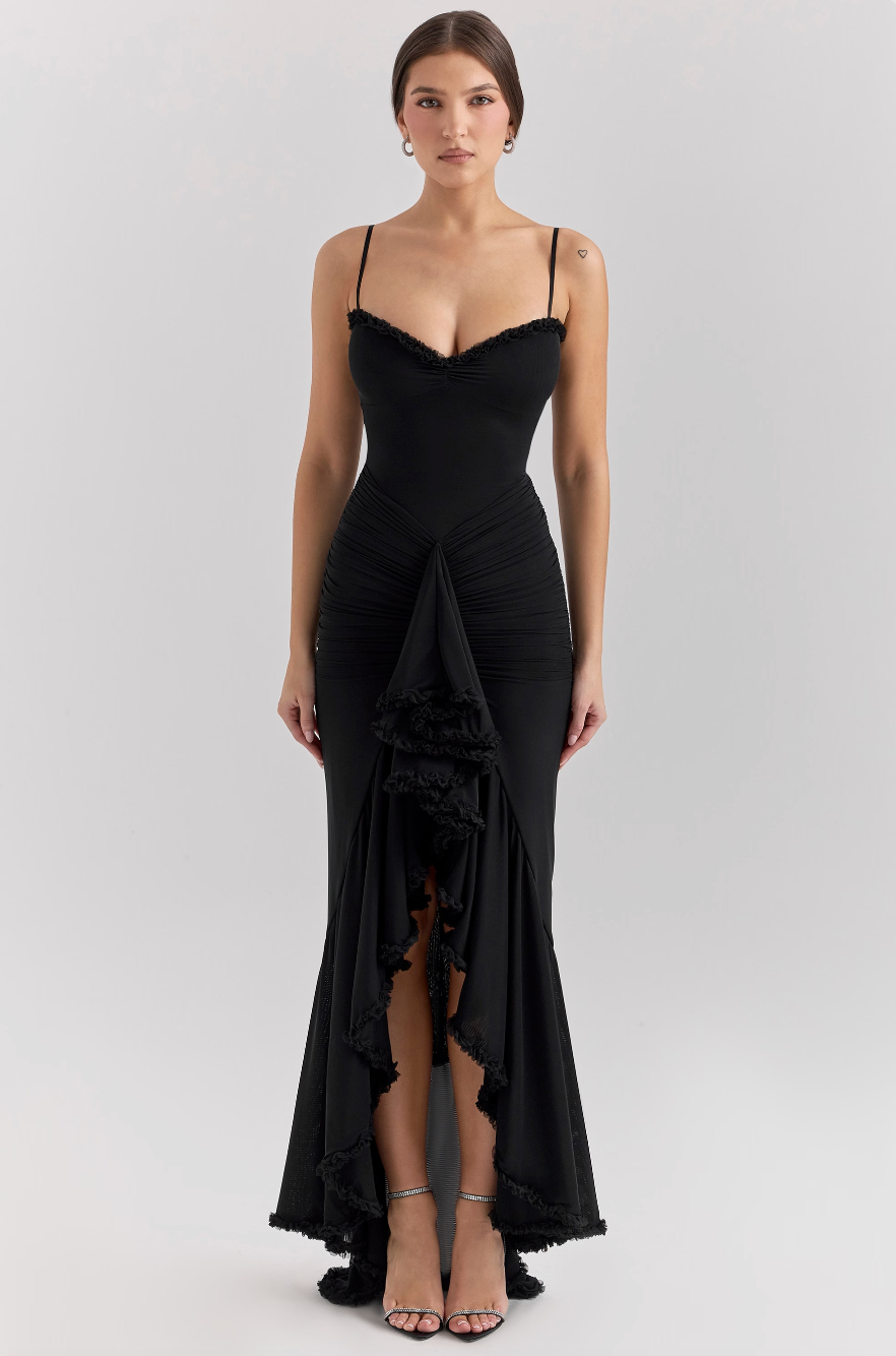 Elegant Lace Ruched Dress | Women's Cocktail Dress with Ruffle Detailing | Flattering Fit for Weddings and Formal Events