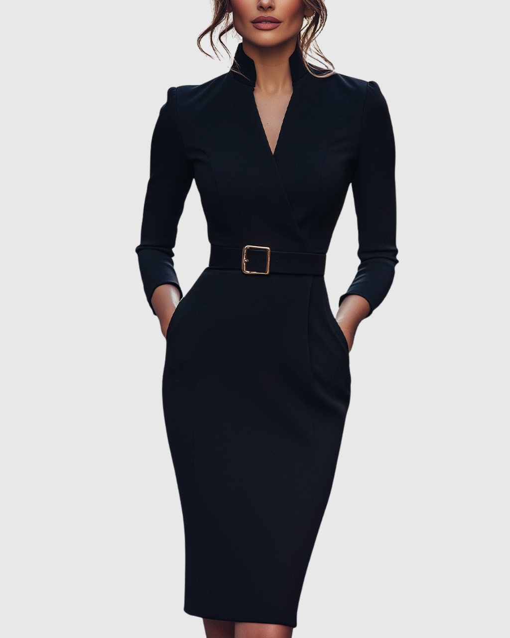 Elegant Midi Dress with Mock Wrap Neckline & Structured Belt for Flattering Fit