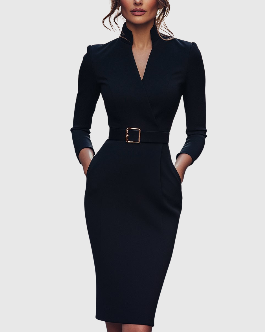 Elegant Midi Dress with Mock Wrap Neckline & Structured Belt for Flattering Fit
