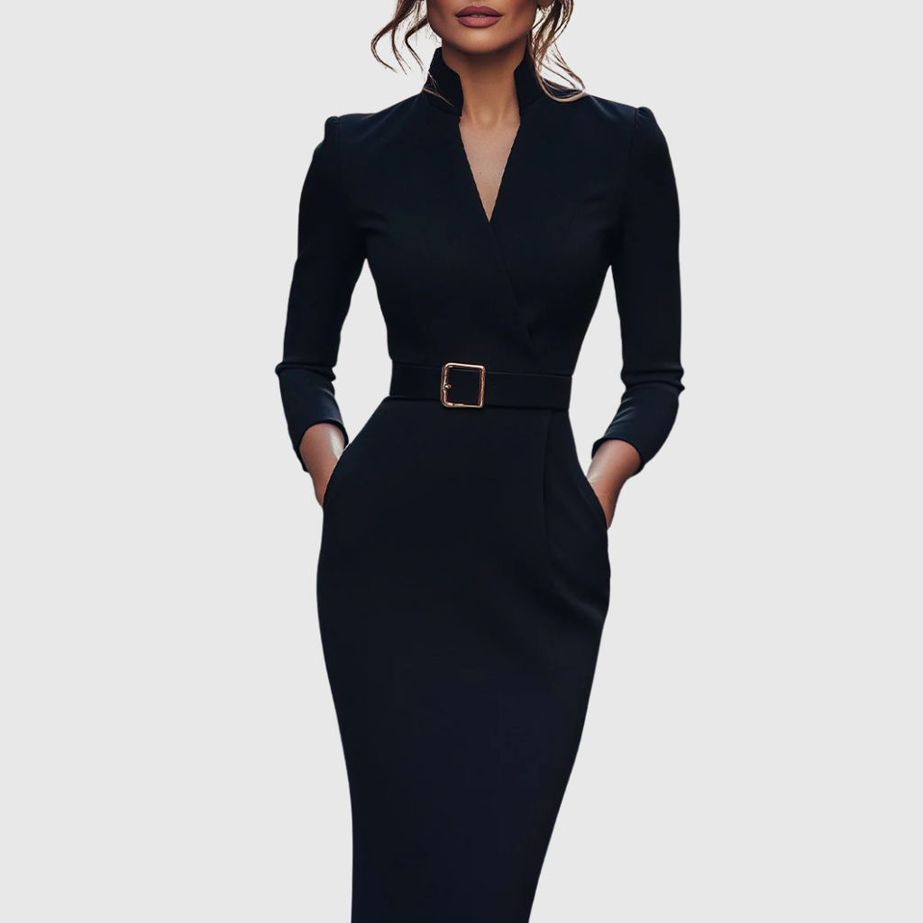 Elegant Midi Dress with Mock Wrap Neckline & Structured Belt for Flattering Fit