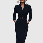 Elegant Midi Dress with Mock Wrap Neckline & Structured Belt for Flattering Fit