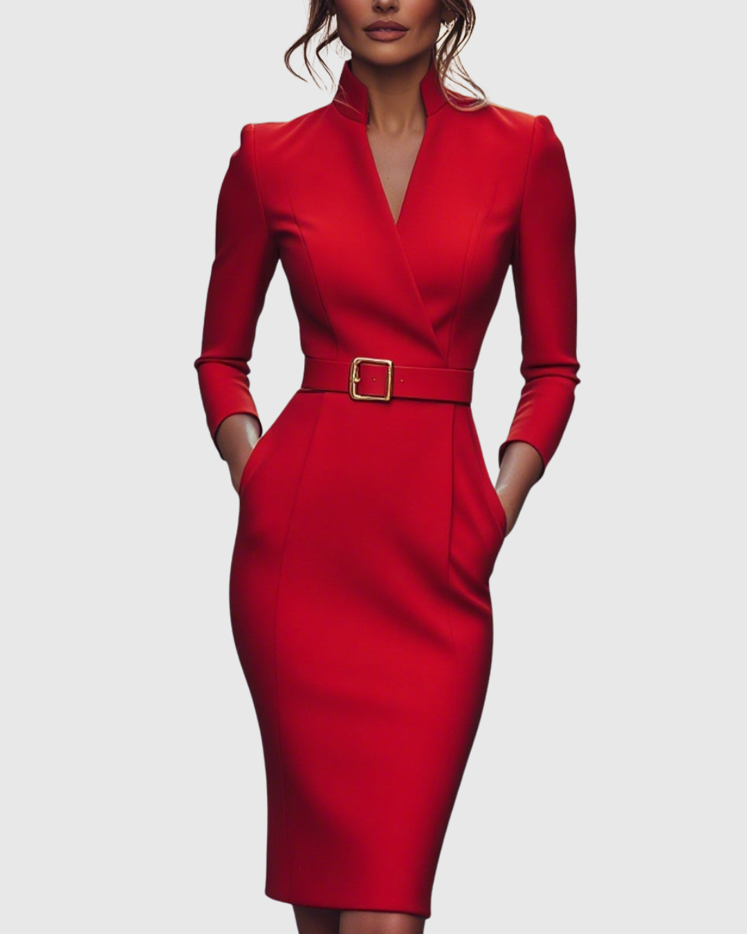 Elegant Midi Dress with Mock Wrap Neckline & Structured Belt for Flattering Fit