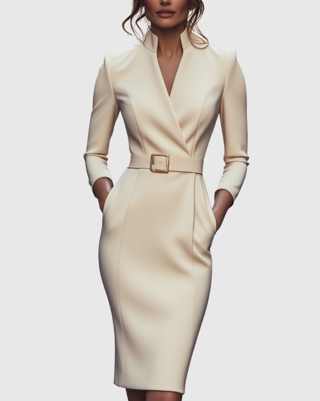 Elegant Midi Dress with Mock Wrap Neckline & Structured Belt for Flattering Fit
