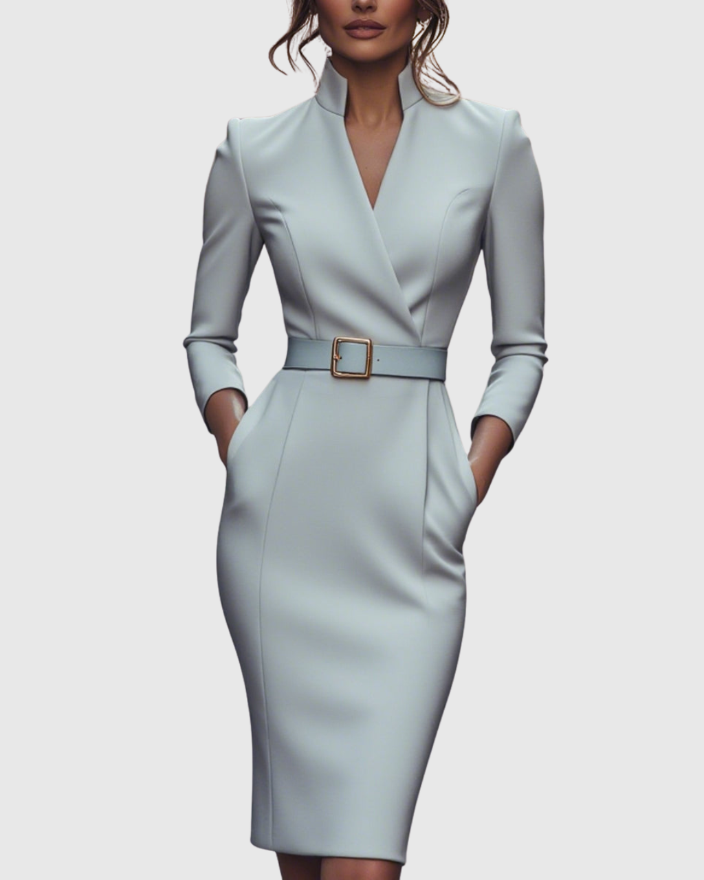 Elegant Midi Dress with Mock Wrap Neckline & Structured Belt for Flattering Fit