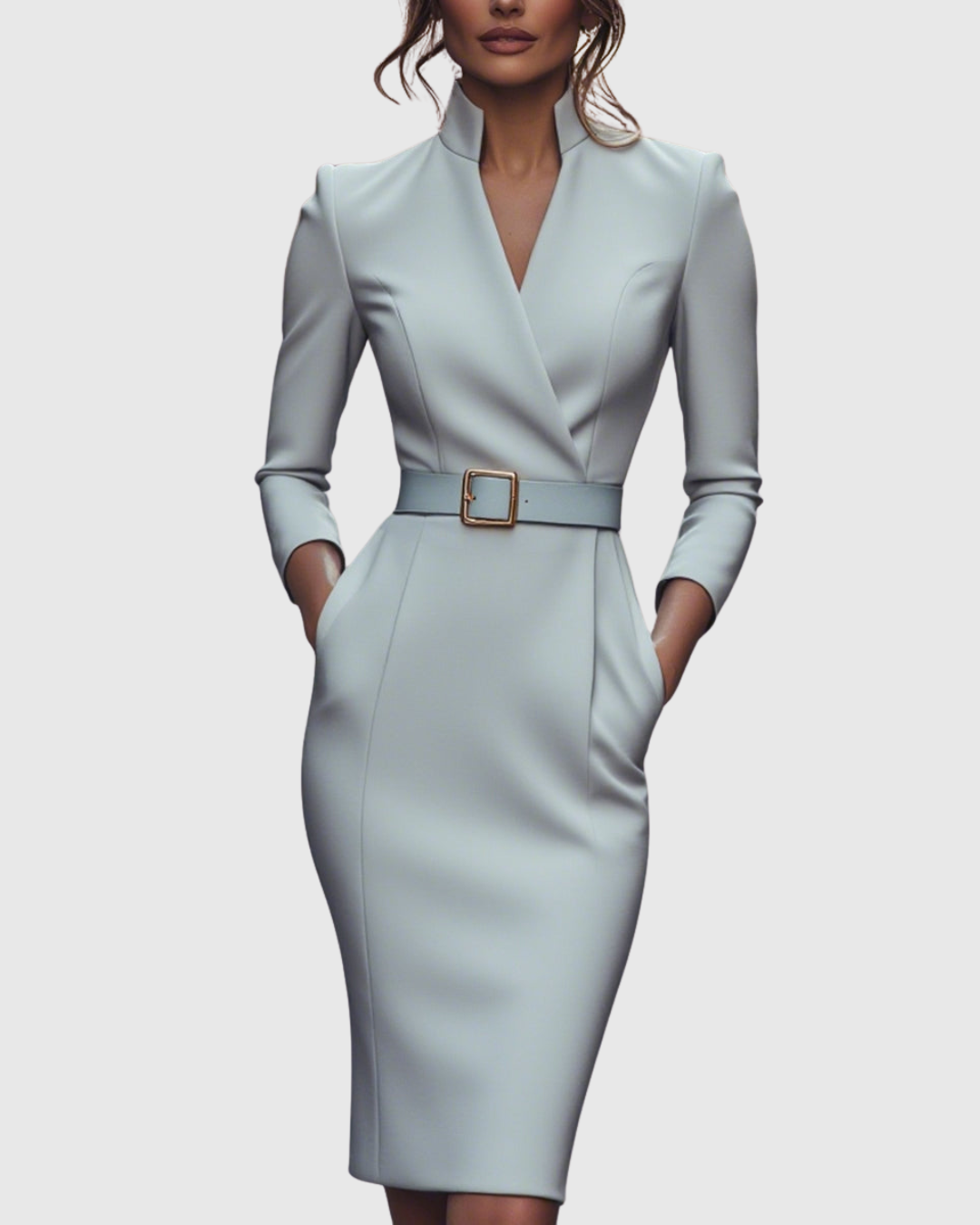 Elegant Midi Dress with Mock Wrap Neckline & Structured Belt for Flattering Fit