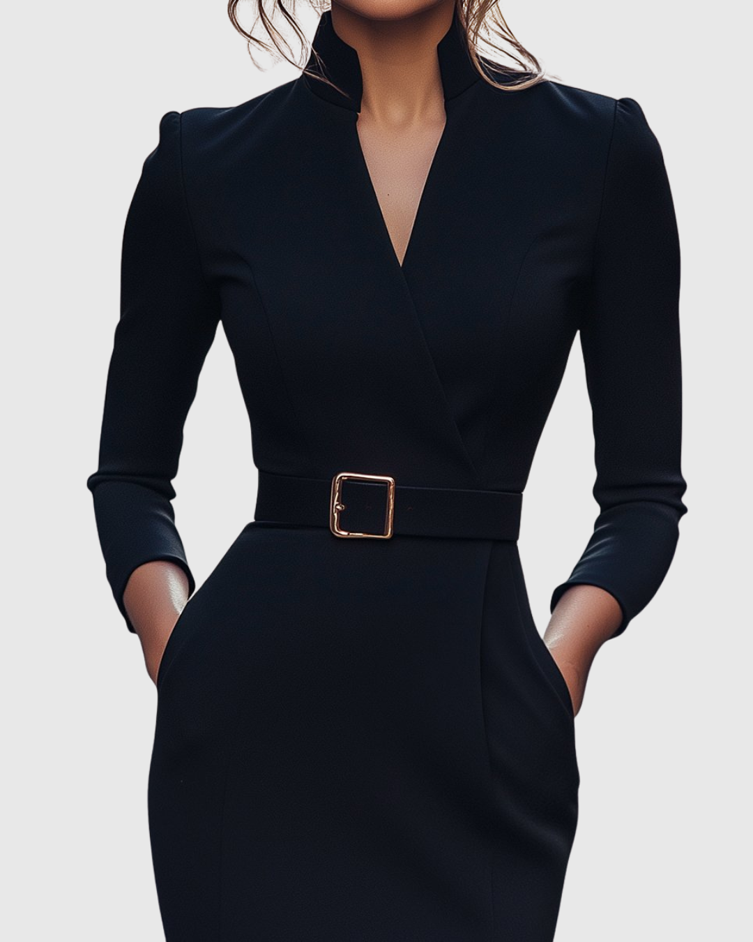 Elegant Midi Dress with Mock Wrap Neckline & Structured Belt for Flattering Fit