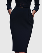Elegant Midi Dress with Mock Wrap Neckline & Structured Belt for Flattering Fit