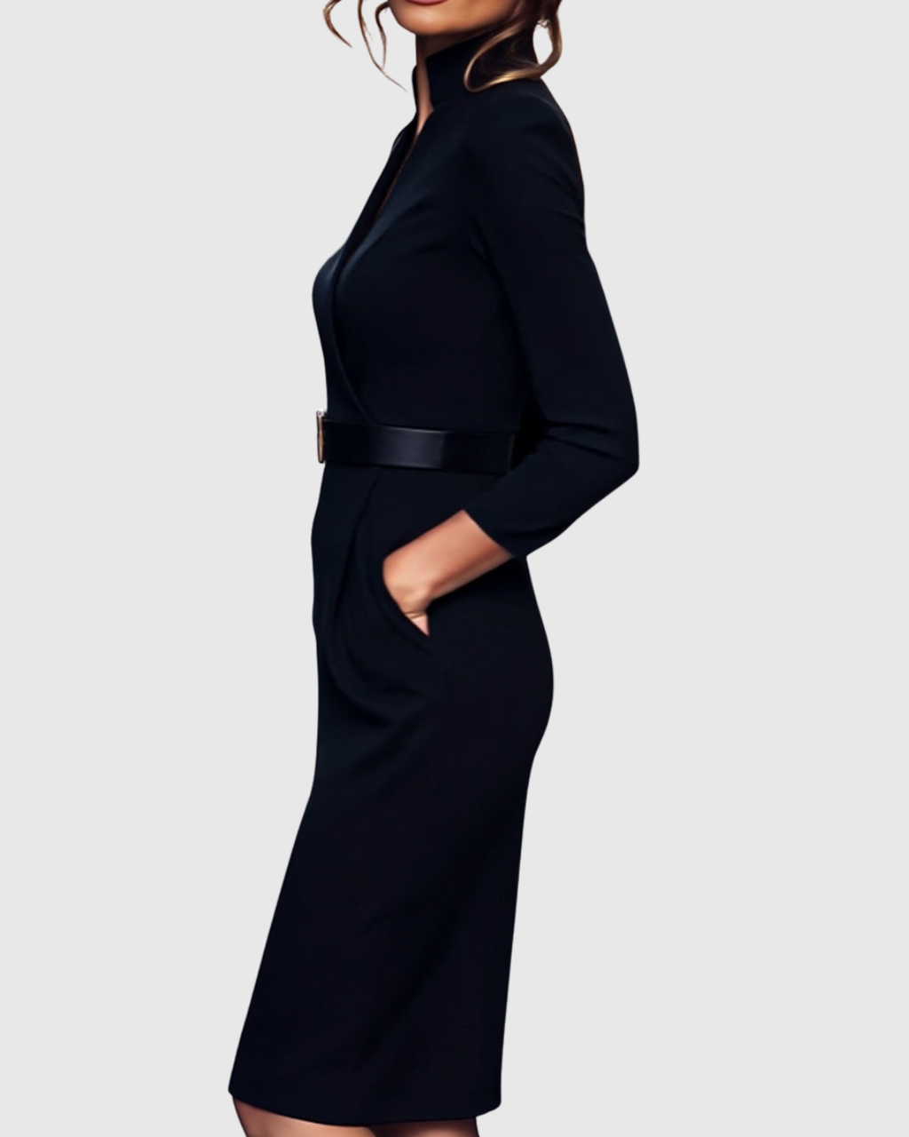 Elegant Midi Dress with Mock Wrap Neckline & Structured Belt for Flattering Fit