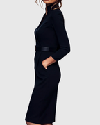 Elegant Midi Dress with Mock Wrap Neckline & Structured Belt for Flattering Fit