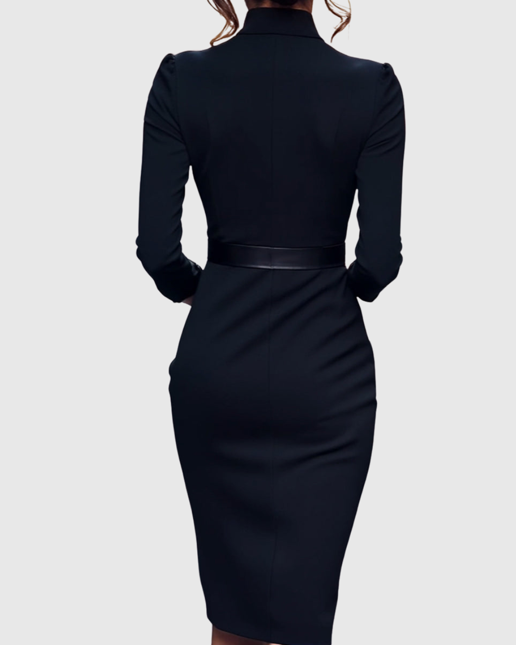 Elegant Midi Dress with Mock Wrap Neckline & Structured Belt for Flattering Fit