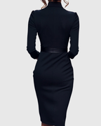 Elegant Midi Dress with Mock Wrap Neckline & Structured Belt for Flattering Fit