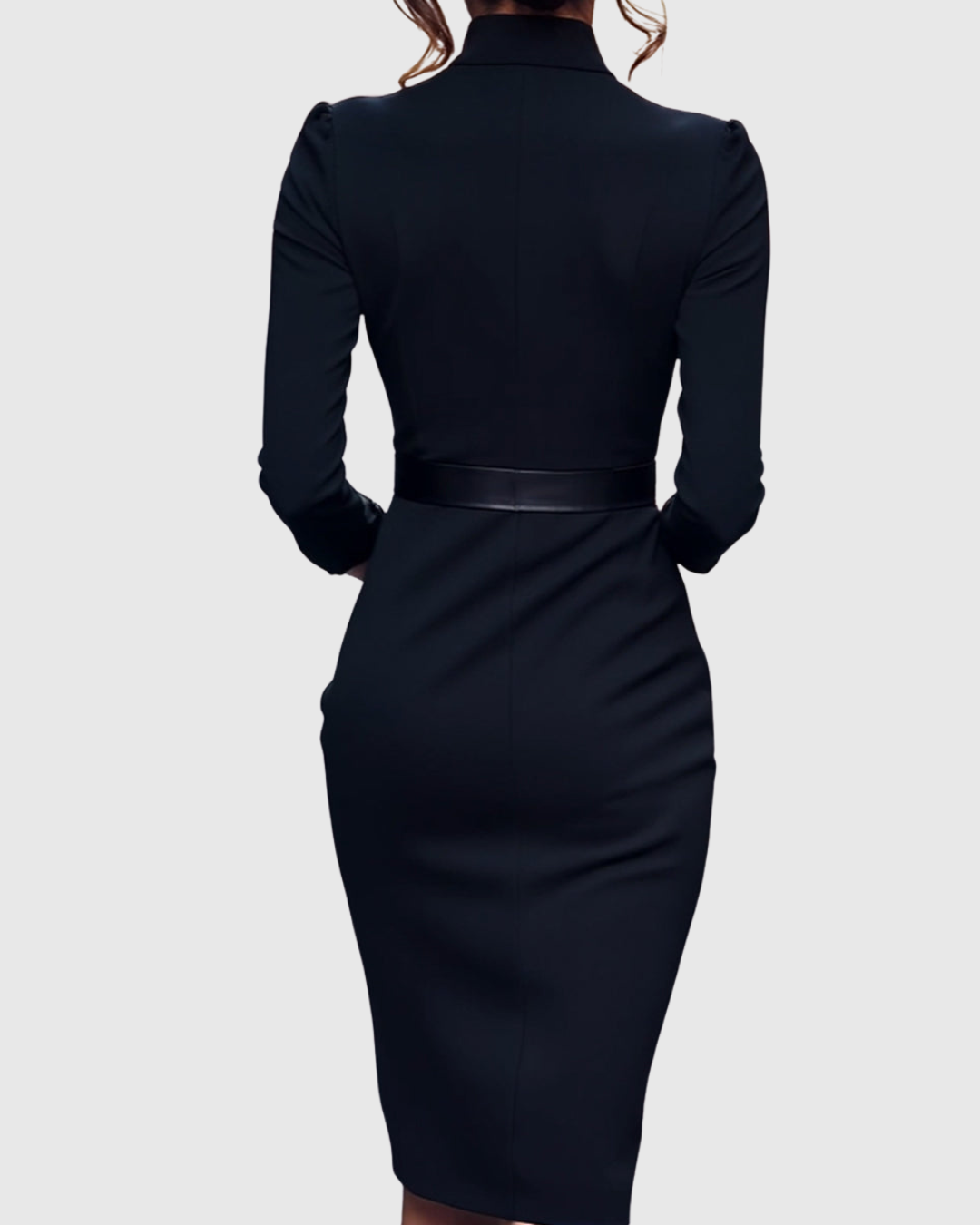 Elegant Midi Dress with Mock Wrap Neckline & Structured Belt for Flattering Fit
