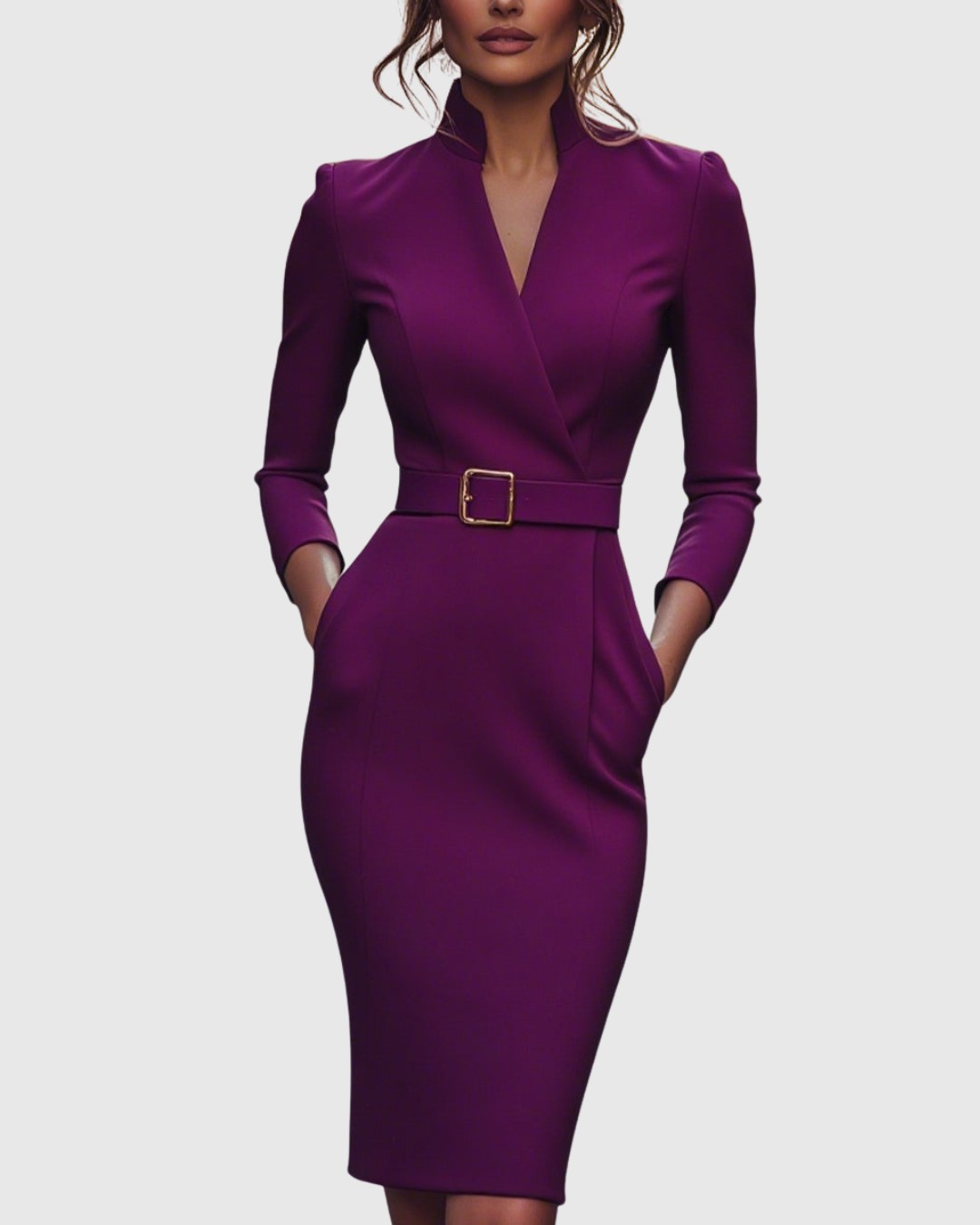 Elegant Midi Dress with Mock Wrap Neckline & Structured Belt for Flattering Fit