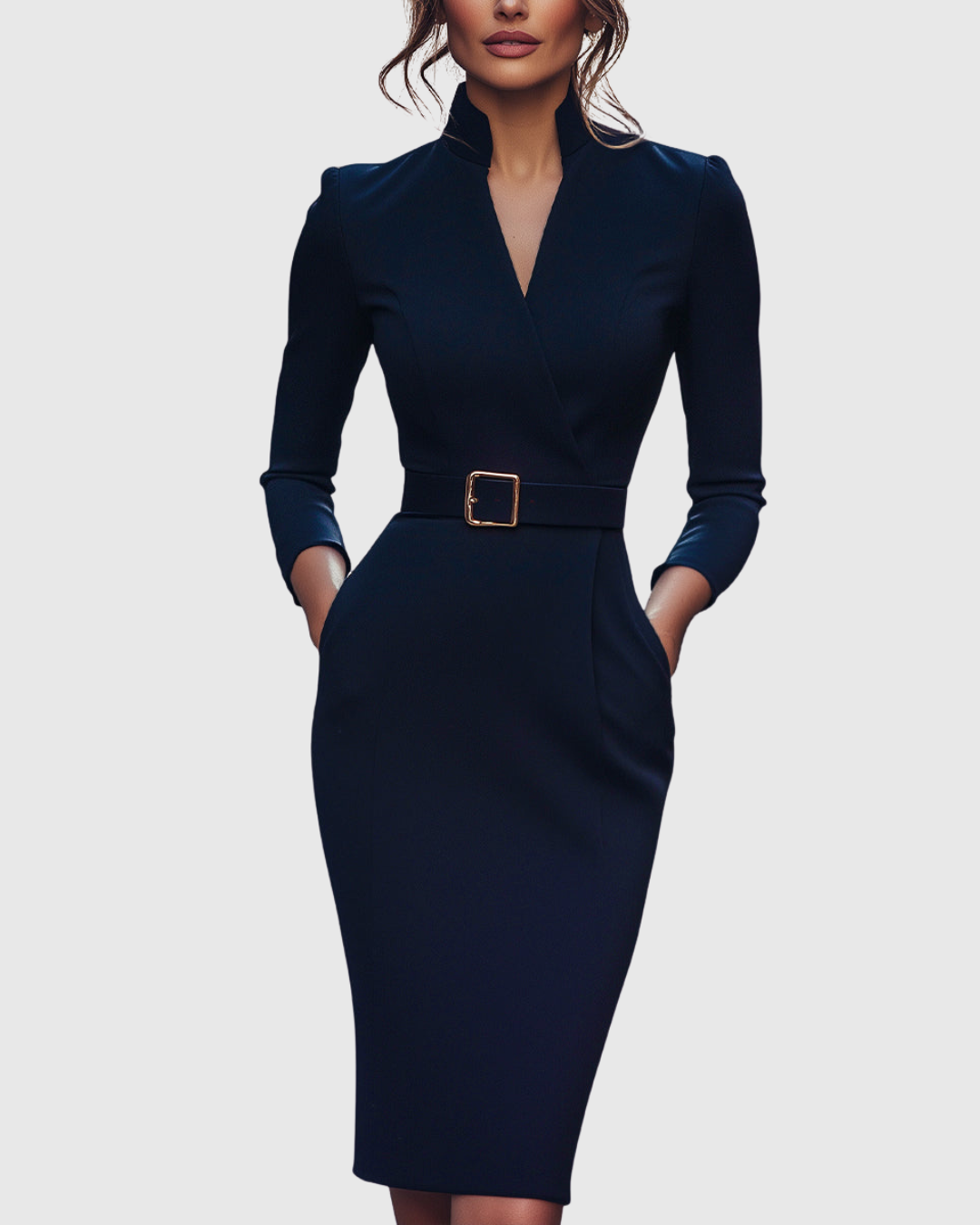 Elegant Midi Dress with Mock Wrap Neckline & Structured Belt for Flattering Fit
