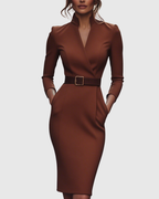 Elegant Midi Dress with Mock Wrap Neckline & Structured Belt for Flattering Fit