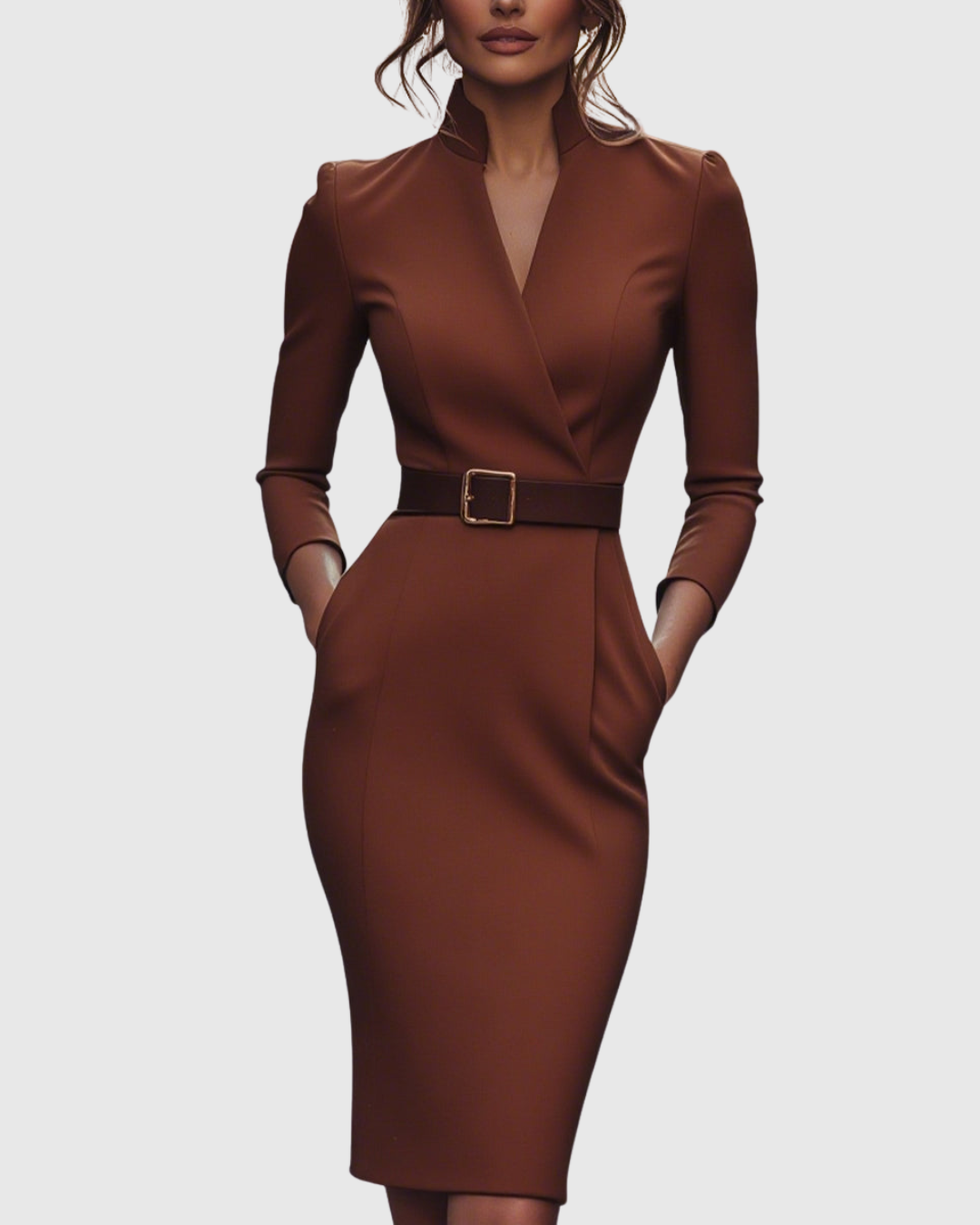 Elegant Midi Dress with Mock Wrap Neckline & Structured Belt for Flattering Fit