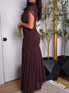 Elegant Pleated Women's Dress with High Neckline | Flattering Fit for Evening Events