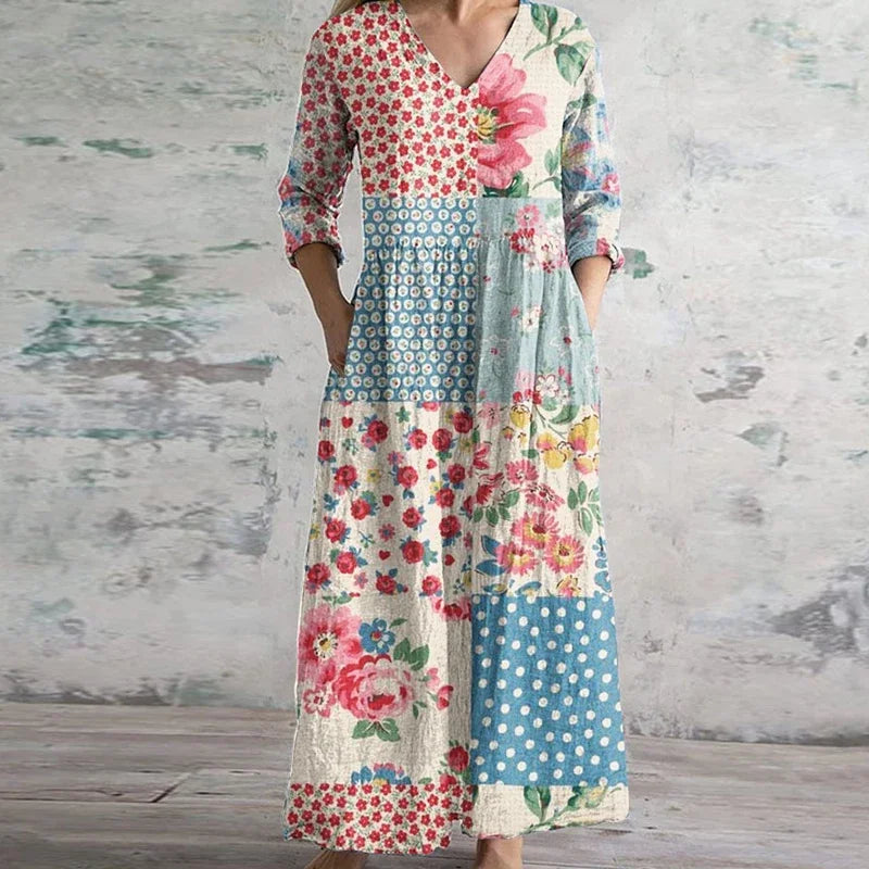 Elegant Retro Maxi Dress with Flattering Fit & Vintage Floral Design for Timeless Style
