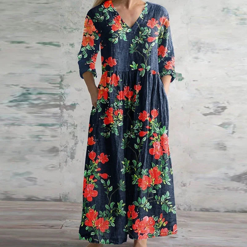 Elegant Retro Maxi Dress with Flattering Fit & Vintage Floral Design for Timeless Style