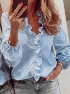 Elegant Ruffled V-Neck Blouse with Long Sleeves | Stylish Sheer Design for Effortless Chic