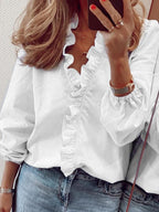 Elegant Ruffled V-Neck Blouse with Long Sleeves | Stylish Sheer Design for Effortless Chic