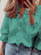 Elegant Ruffled V-Neck Blouse with Long Sleeves | Stylish Sheer Design for Effortless Chic
