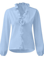 Elegant Ruffled V-Neck Blouse with Long Sleeves | Stylish Sheer Design for Effortless Chic