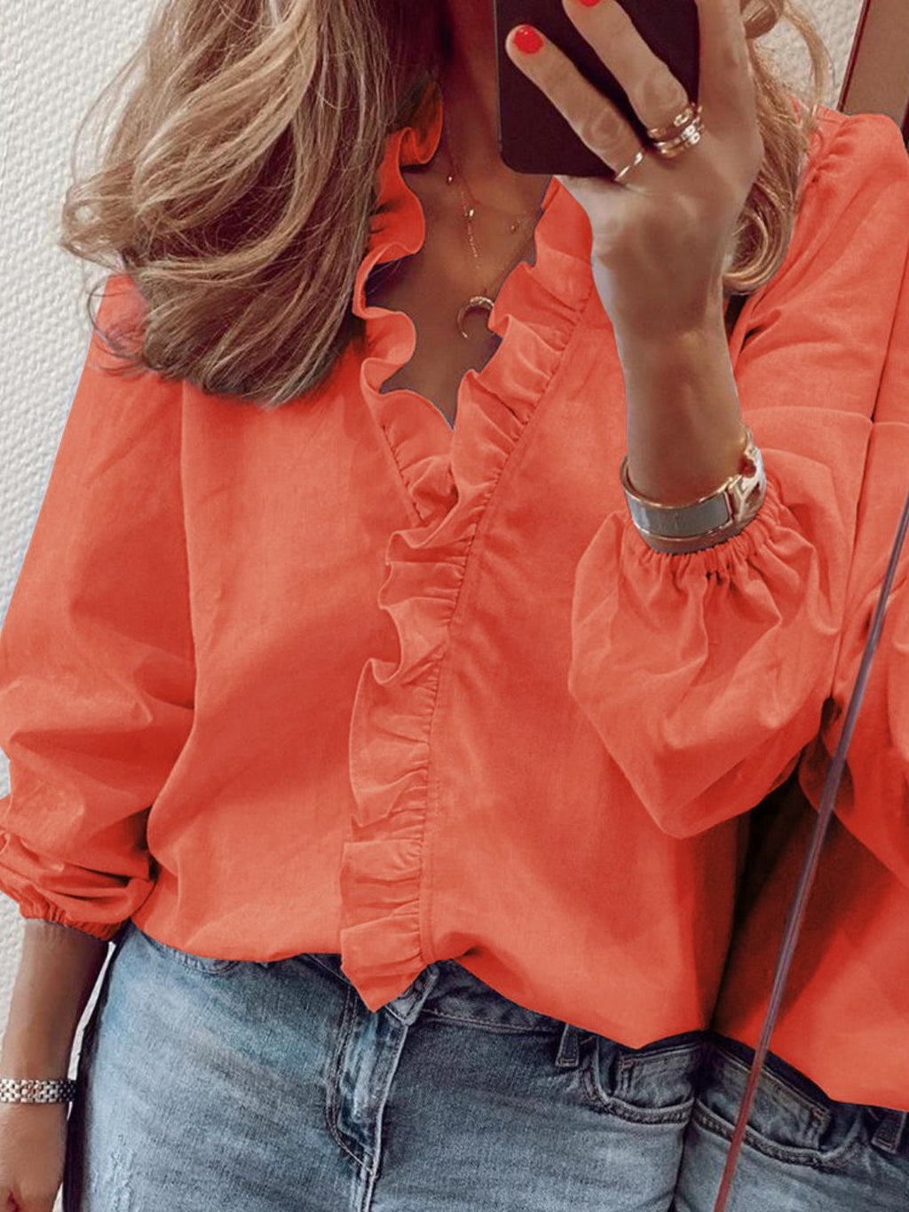 Elegant Ruffled V-Neck Blouse with Long Sleeves | Stylish Sheer Design for Effortless Chic