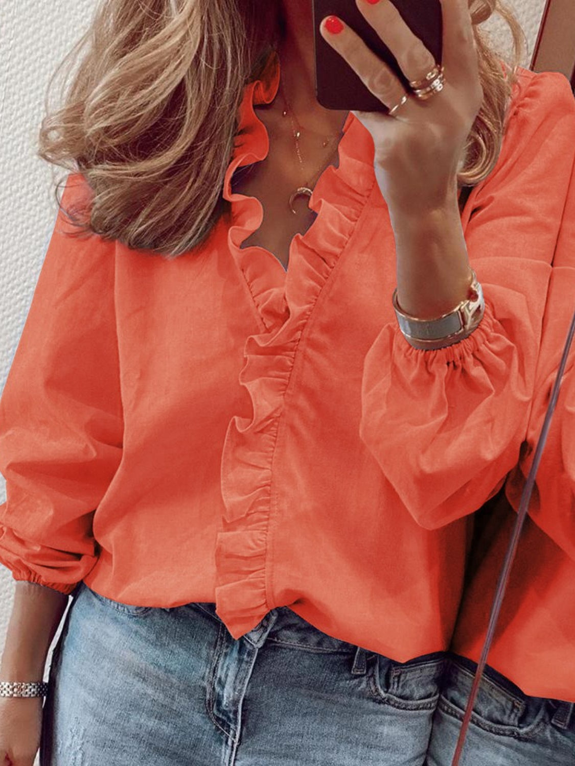 Elegant Ruffled V-Neck Blouse with Long Sleeves | Stylish Sheer Design for Effortless Chic
