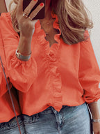 Elegant Ruffled V-Neck Blouse with Long Sleeves | Stylish Sheer Design for Effortless Chic