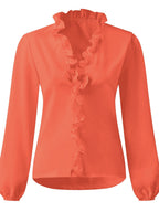 Elegant Ruffled V-Neck Blouse with Long Sleeves | Stylish Sheer Design for Effortless Chic