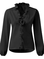 Elegant Ruffled V-Neck Blouse with Long Sleeves | Stylish Sheer Design for Effortless Chic