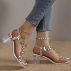 Elegant Steps | Women's Sandals with Rhinestone Floral Accents | Comfortable Block Heel for Stylish Occasions