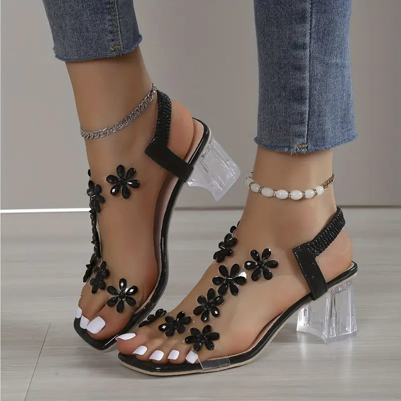 Elegant Steps | Women's Sandals with Rhinestone Floral Accents | Comfortable Block Heel for Stylish Occasions
