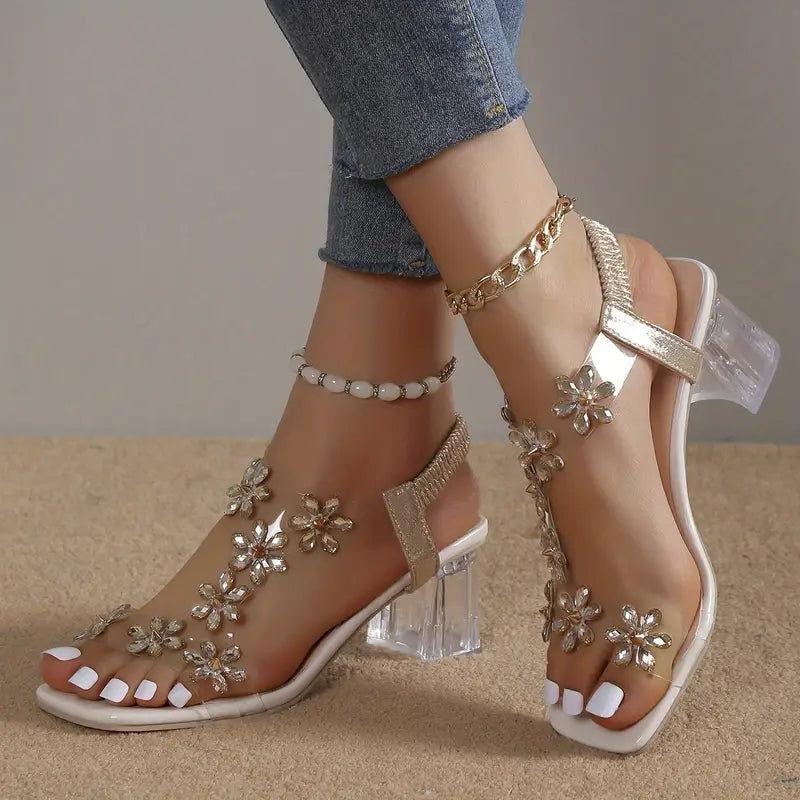 Elegant Steps | Women's Sandals with Rhinestone Floral Accents | Comfortable Block Heel for Stylish Occasions