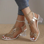 Elegant Steps | Women's Sandals with Rhinestone Floral Accents | Comfortable Block Heel for Stylish Occasions