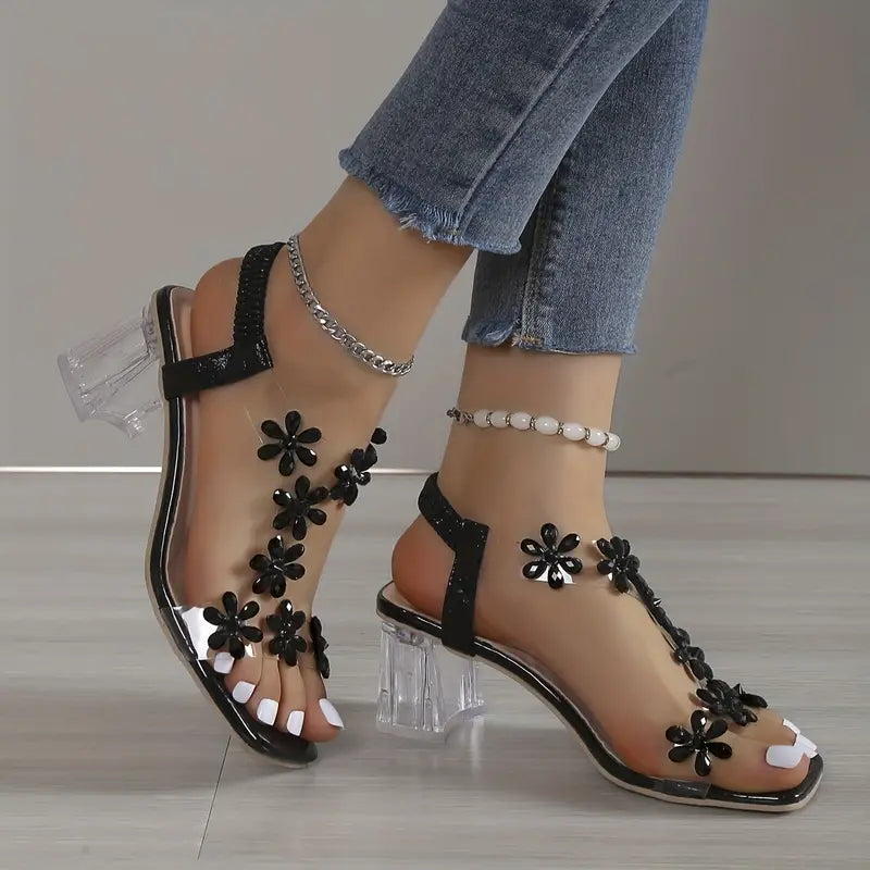 Elegant Steps | Women's Sandals with Rhinestone Floral Accents | Comfortable Block Heel for Stylish Occasions