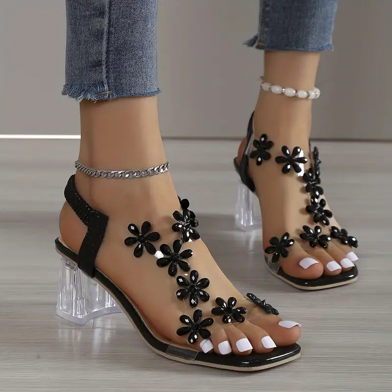Elegant Steps | Women's Sandals with Rhinestone Floral Accents | Comfortable Block Heel for Stylish Occasions