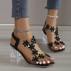 Elegant Steps | Women's Sandals with Rhinestone Floral Accents | Comfortable Block Heel for Stylish Occasions