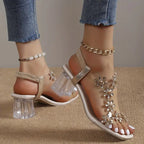 Elegant Steps | Women's Sandals with Rhinestone Floral Accents | Comfortable Block Heel for Stylish Occasions