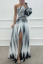 Elegant Striped Maxi Dress with One Shoulder Design | Flattering Long Dress for Effortless Style