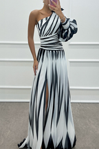Elegant Striped Maxi Dress with One Shoulder Design | Flattering Long Dress for Effortless Style