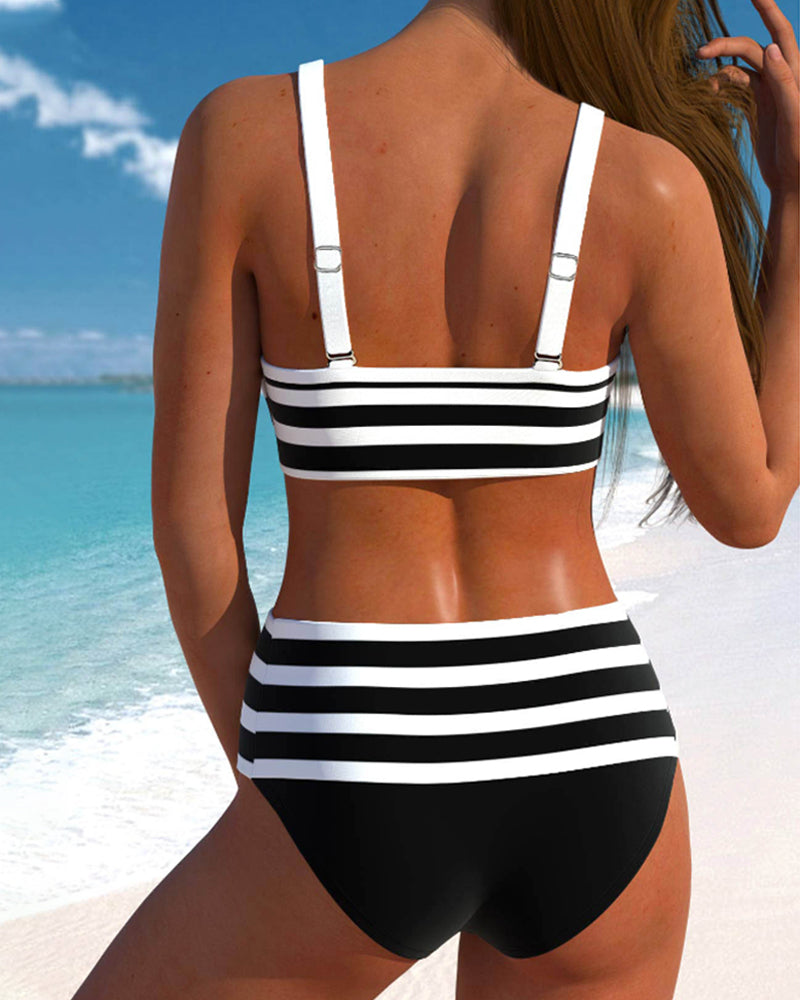 Elegant Striped | High Waisted Bikini Set with Flattering Design | Women's Swimwear for Timeless Style