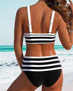 Elegant Striped | High Waisted Bikini Set with Flattering Design | Women's Swimwear for Timeless Style