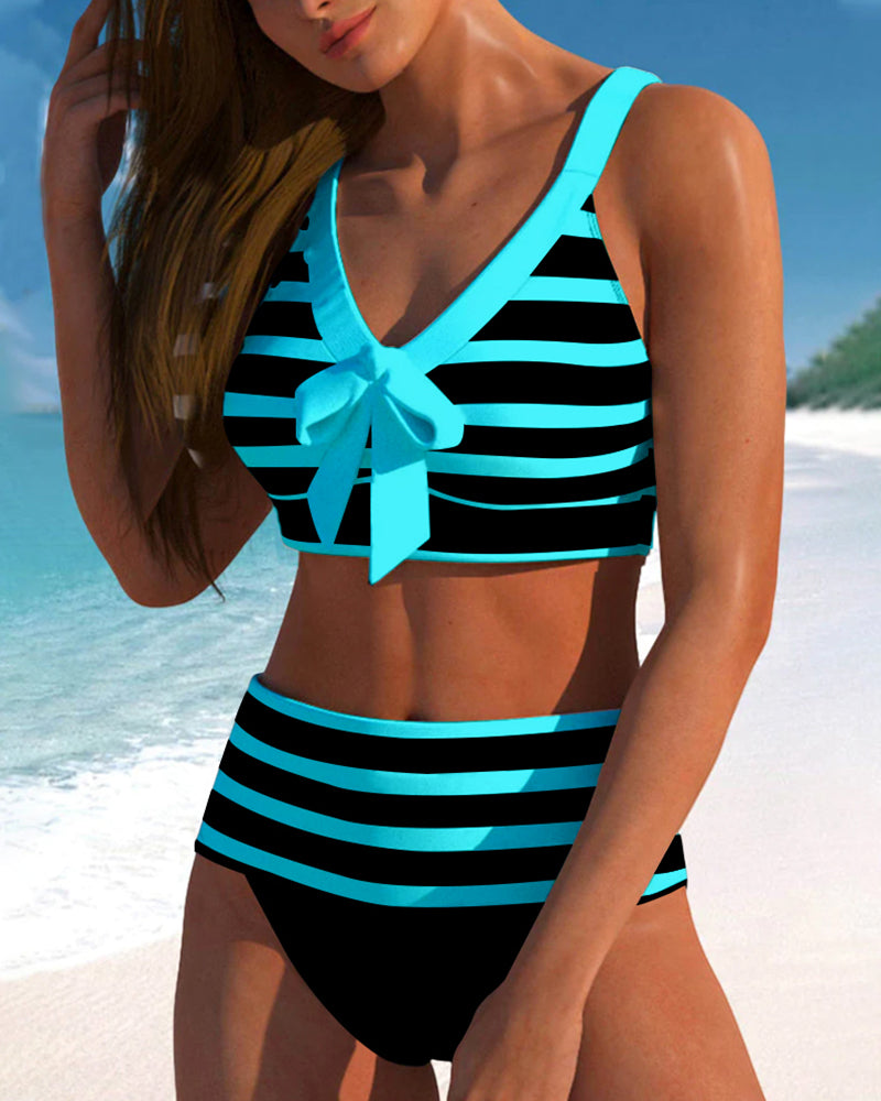 Elegant Striped | High Waisted Bikini Set with Flattering Design | Women's Swimwear for Timeless Style