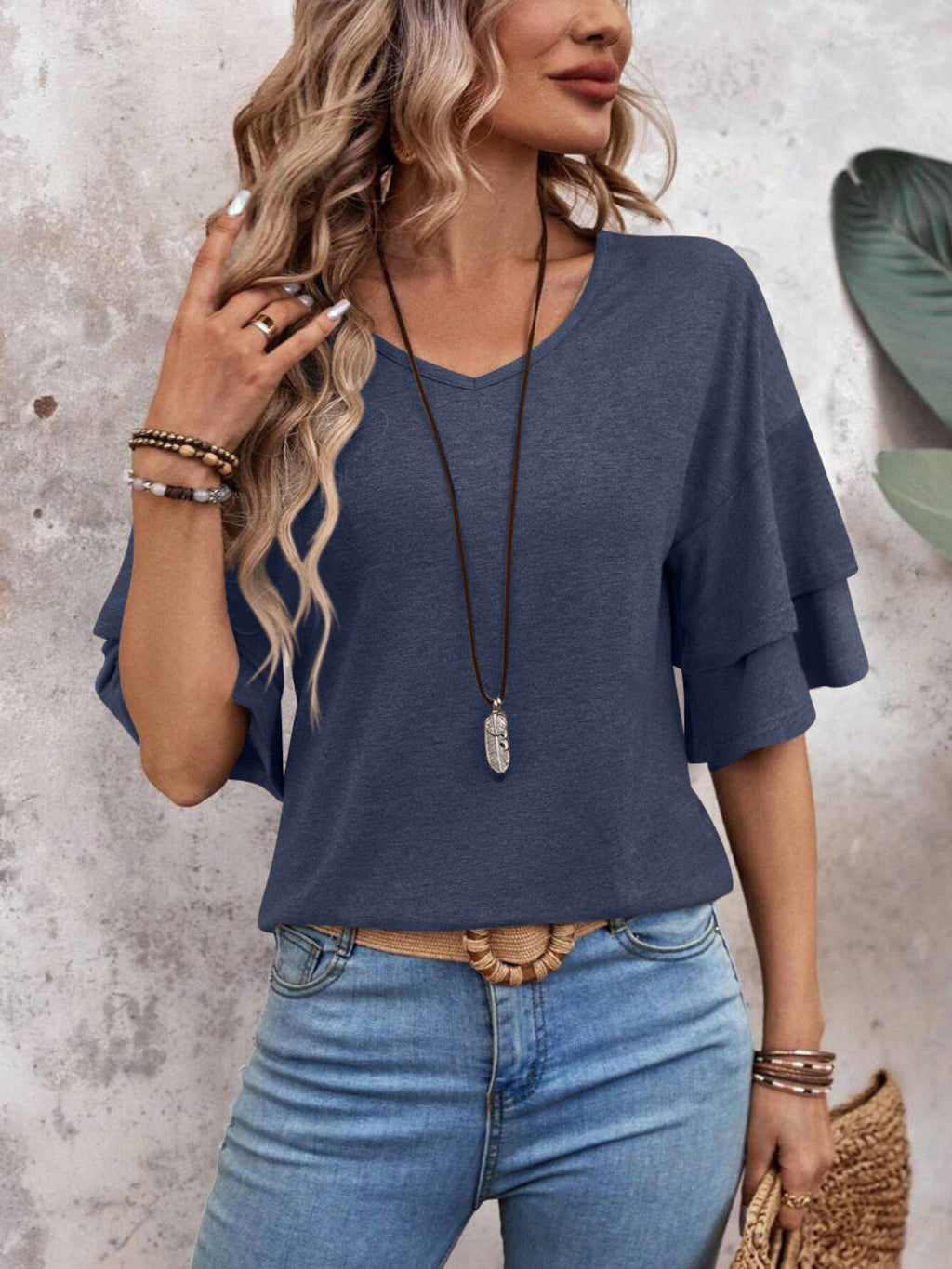 Elegant V-Neck Blouse | Lightweight Fabric with Slight Stretch | Versatile Top for Everyday Wear