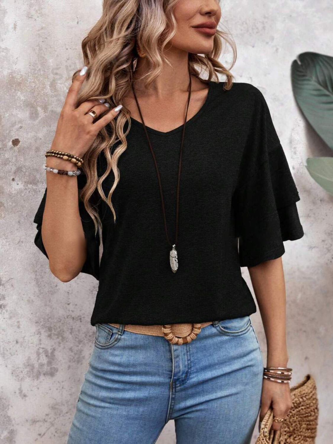 Elegant V-Neck Blouse | Lightweight Fabric with Slight Stretch | Versatile Top for Everyday Wear