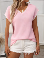 Elegant V-Neck Knit Top with Contrast Trim | Comfortable Stretch Fabric for Everyday Wear