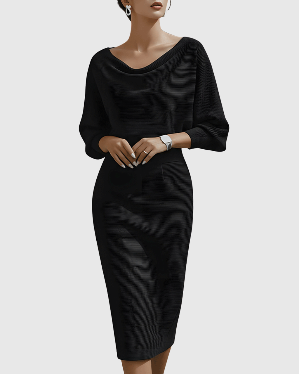 Elegant White Midi Dress with Draped Batwing Sleeves for Wedding Guests